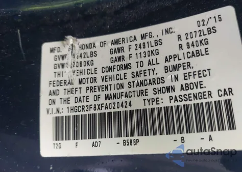2015 Honda Accord Ex-L V-6 from USA, damaged, VIN 1HGCR3F8XFA020424